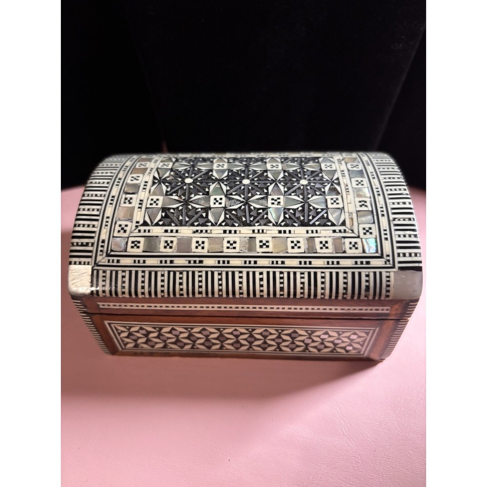 Handcrafted Wooden Jewelry Box With Mother-Of-Pearl Inlay & Red Velvet Interior